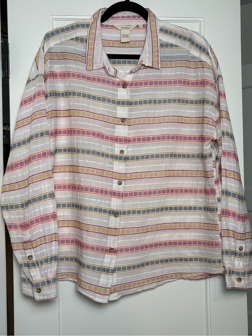 Sundance Rainbow Embroidered Striped Button Down Shirt (XL)